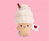 A plush ice cream character holding a heart